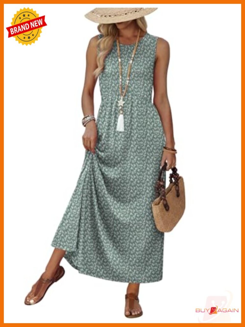WIHOLL Babydoll Maxi Dress Sleeveless Sundress with Pockets